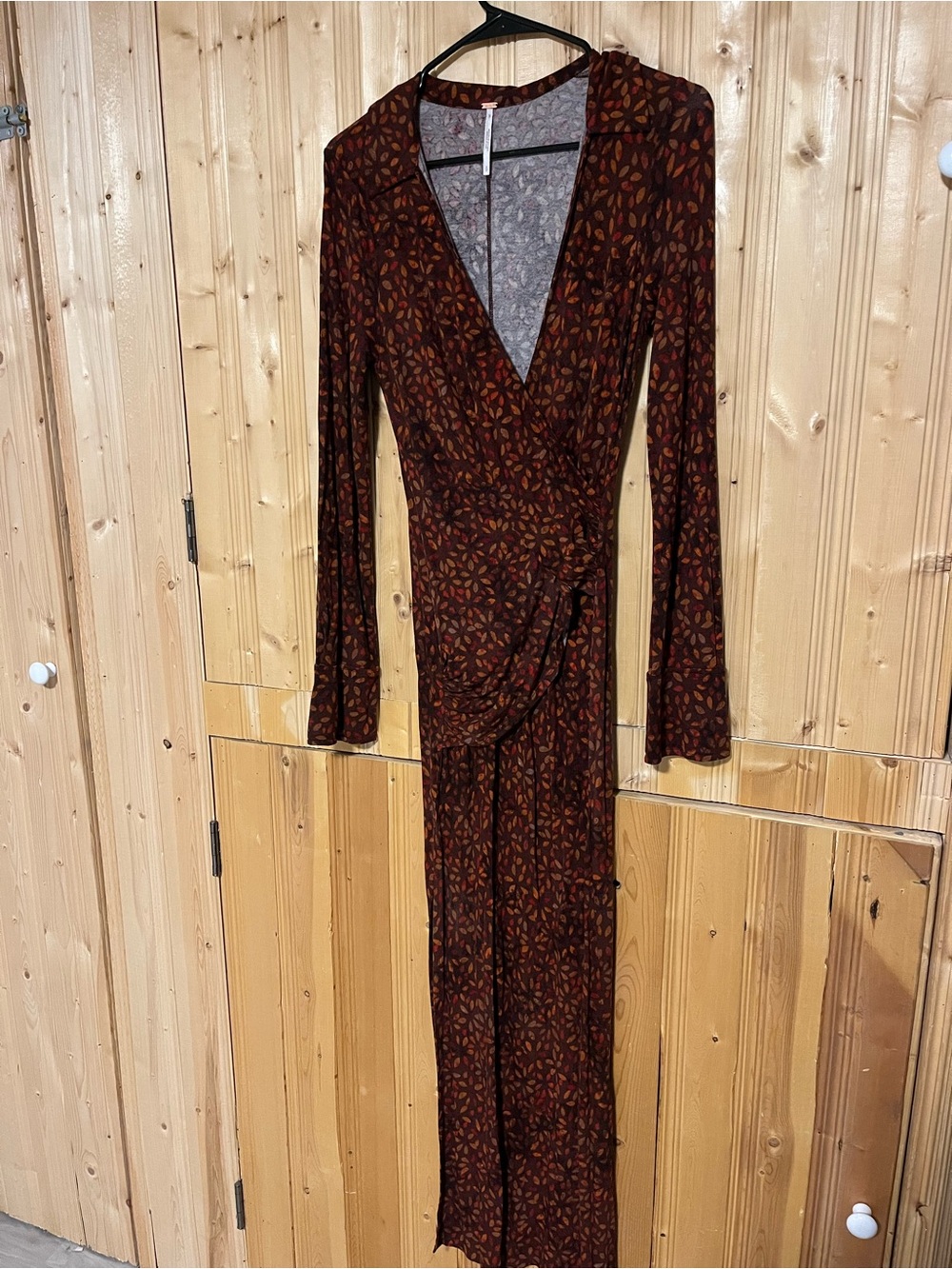 Free People Brown Leaf-Print Long Sleeve Wrap Maxi Dress